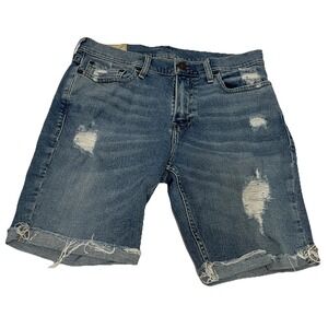 Hollister Medium Wash Blue Men 30 Denim Shorts Cuffed Hem Distressed Ripped Torn